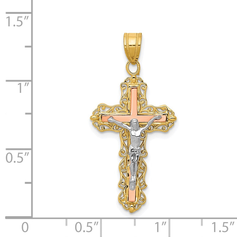 14K Tri-color Diamond-cut Filigree Crucifix Pendant