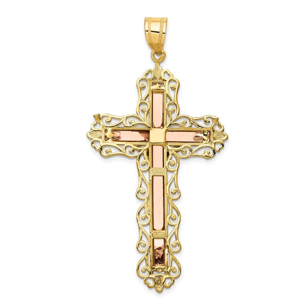 14K Tri-color Diamond-cut Filigree Crucifix Pendant