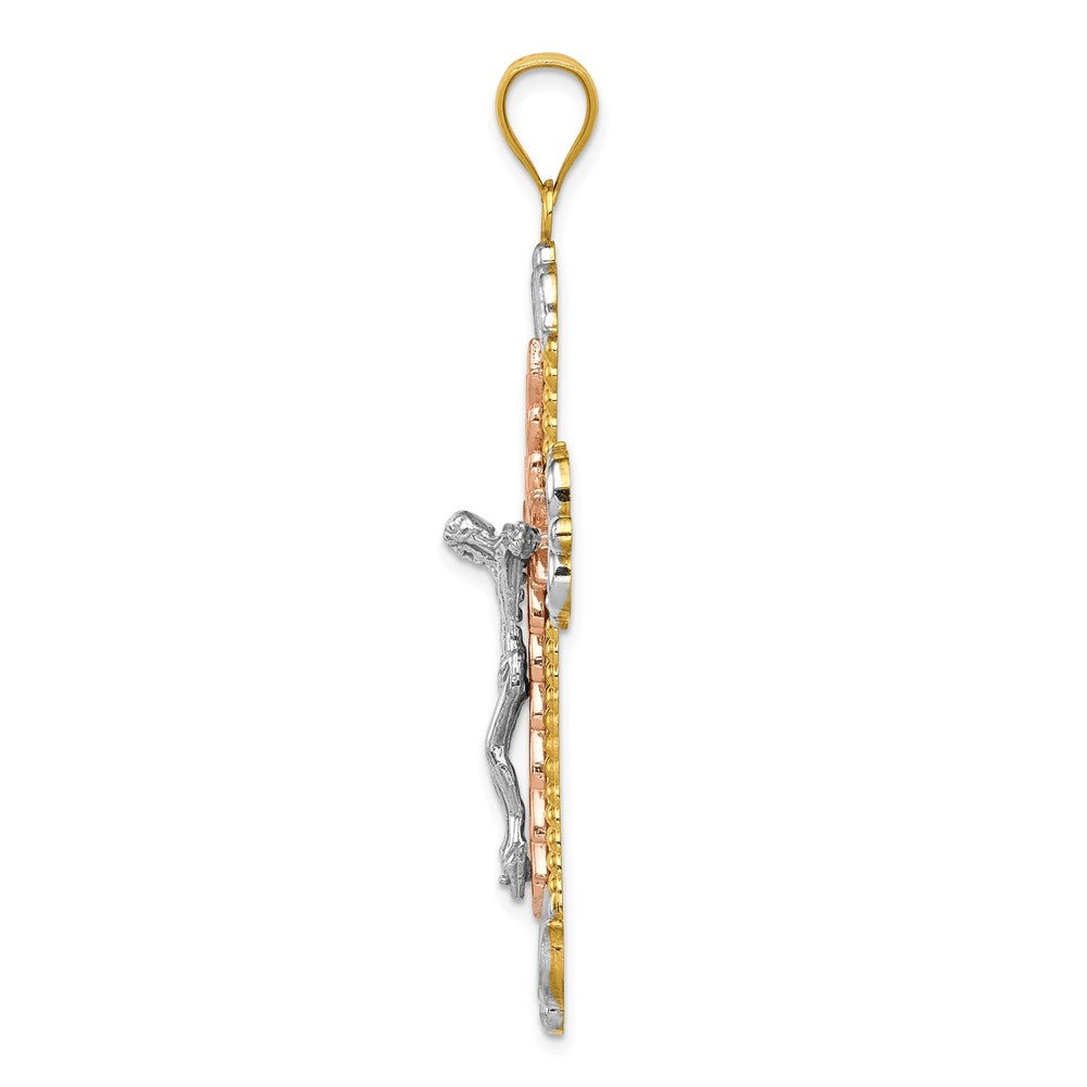 14K Tri-Color and White Rhodium Large Diamond-cut Crucifix Pendant