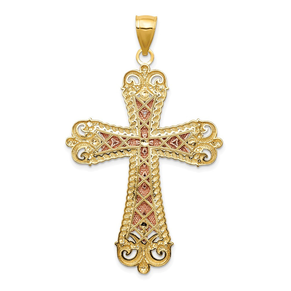 14K Tri-Color and White Rhodium Large Diamond-cut Crucifix Pendant