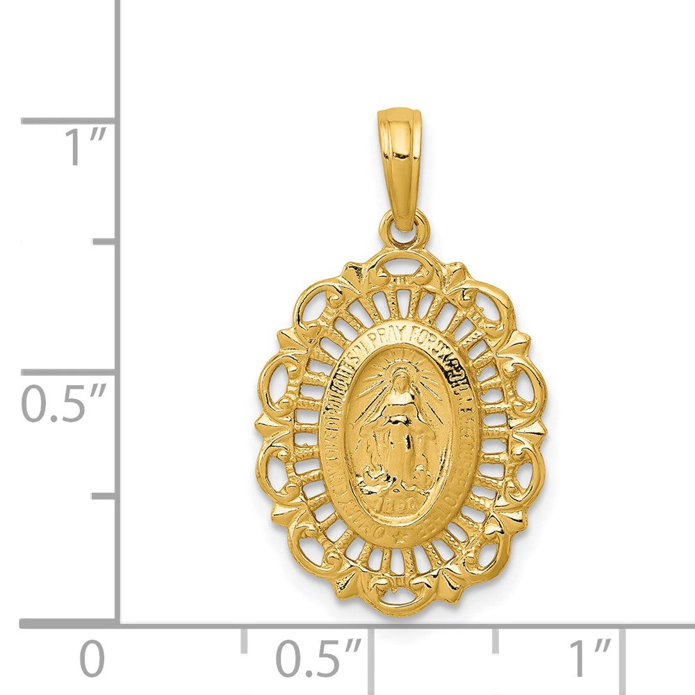 14k Polished and Satin Solid Miraculous Medal Scalloped Edge Oval Pendant