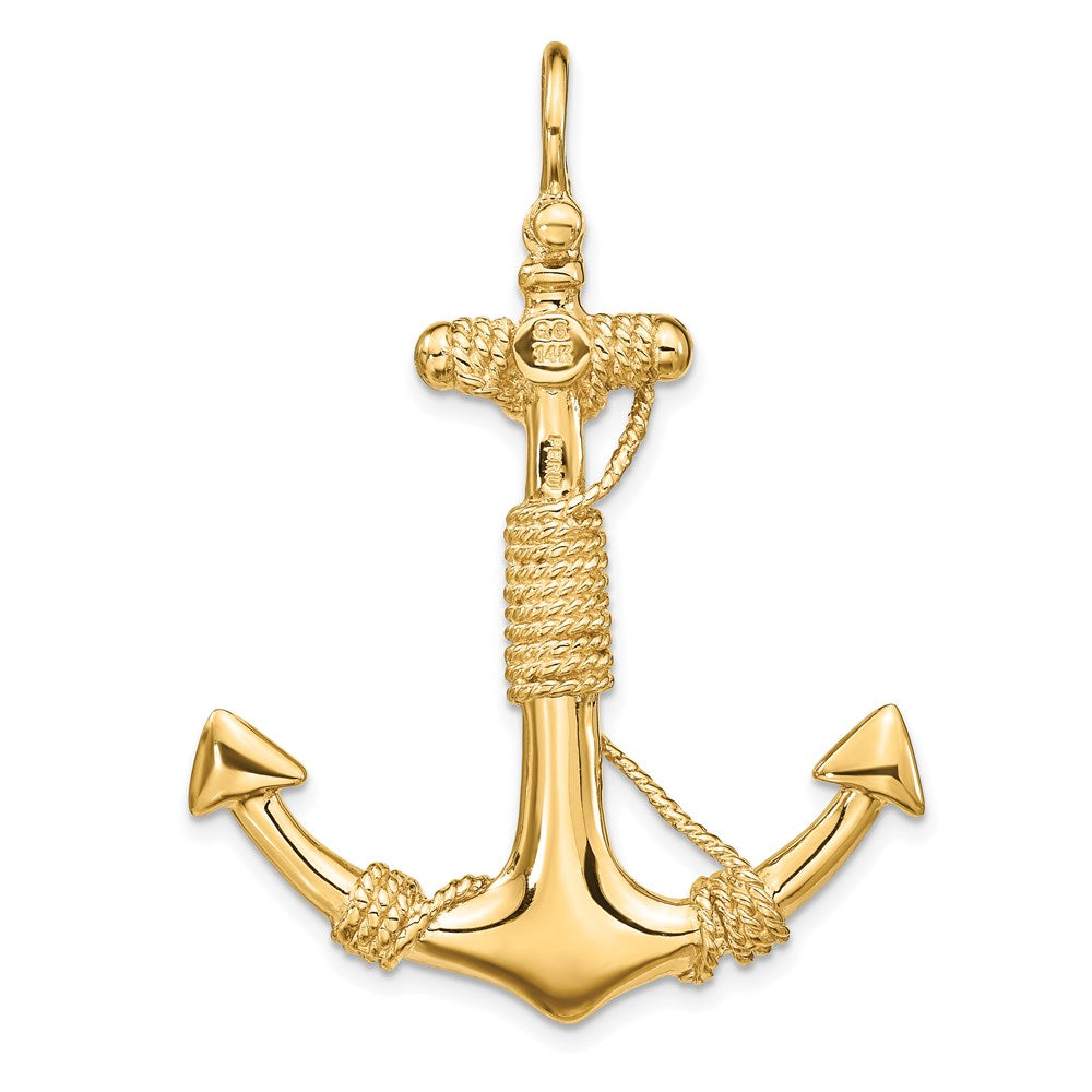 14K Large 3-D Solid Anchor with Wrapped Rope with Shackle Bail Pendant