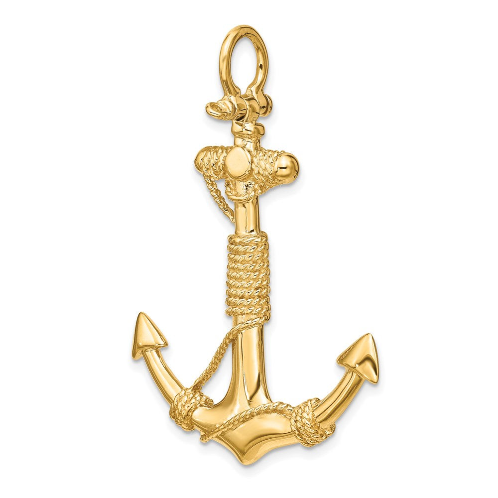 14K Large 3-D Solid Anchor with Wrapped Rope with Shackle Bail Pendant