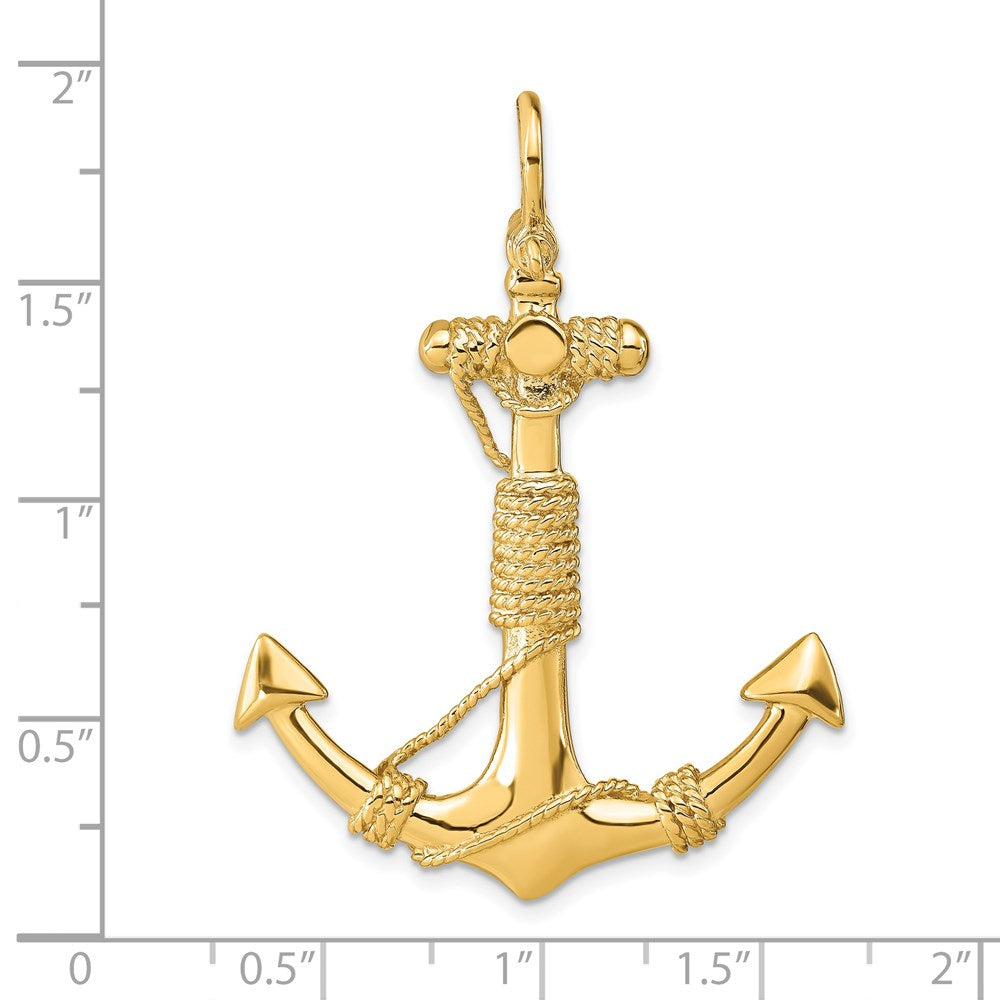 14K Large 3-D Solid Anchor with Wrapped Rope with Shackle Bail Pendant