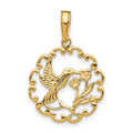 14K Hummingbird with Flower Round Scalloped Frame Pendant