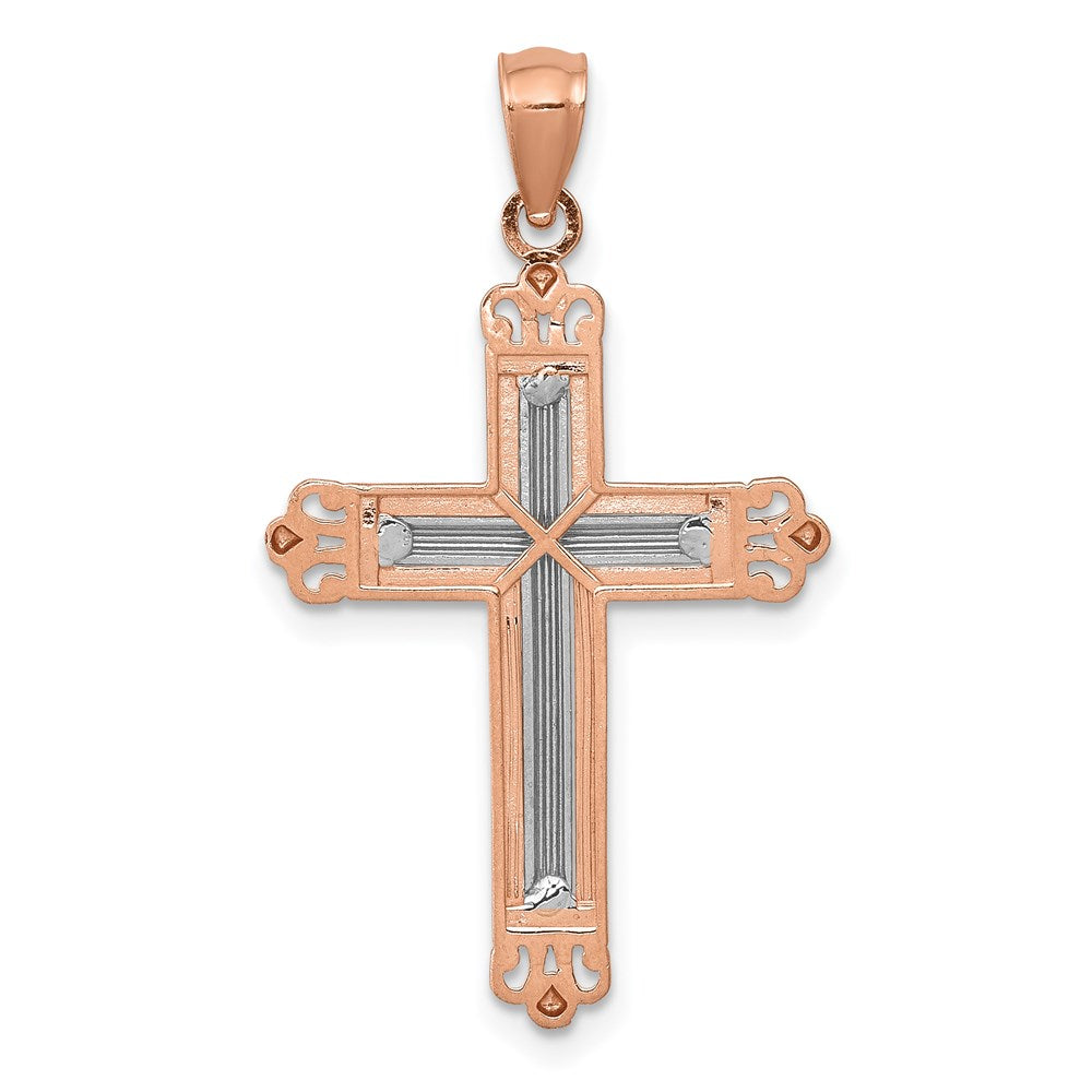 14K Rose Gold and White Rhodium Diamond-Cut Fleur de Lis Cross Pendant