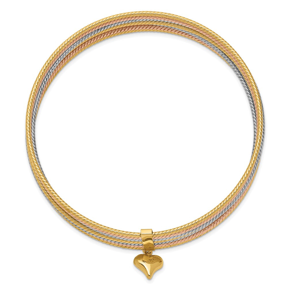 14K Tri-color Polished and Textured with Dangle Heart 7-Strand 11.00mm Slip-on Round Bangle Bracelet