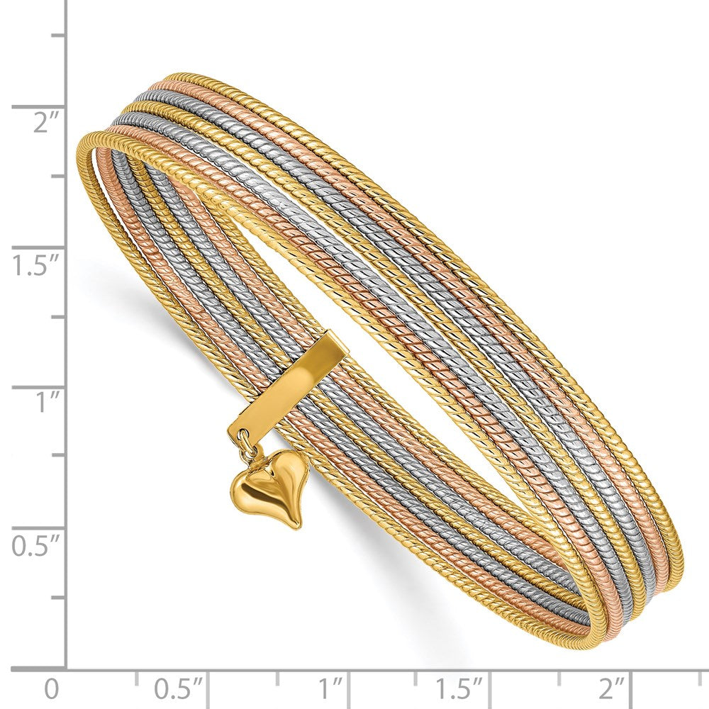 14K Oversize Tri-color Polished and Textured with Dangle Heart 7-Strand 11.00mm Slip-on Round Bangle Bracelet