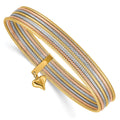 14K Tri-color Polished and Textured with Dangle Heart 7-Strand 11.00mm Slip-on Round Bangle Bracelet