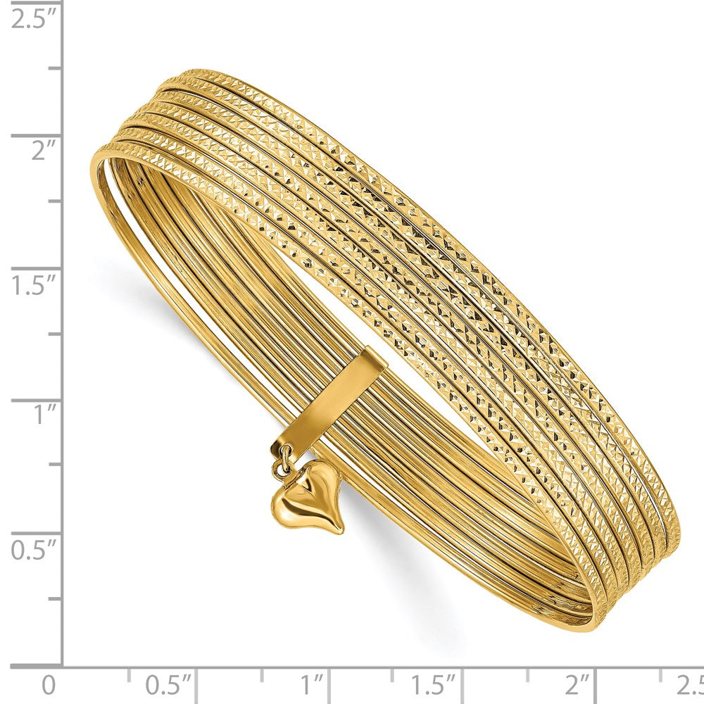 14K Polished and Textured with Dangle Heart 7-Strand 11.00mm Slip-on Round Bangle Bracelet