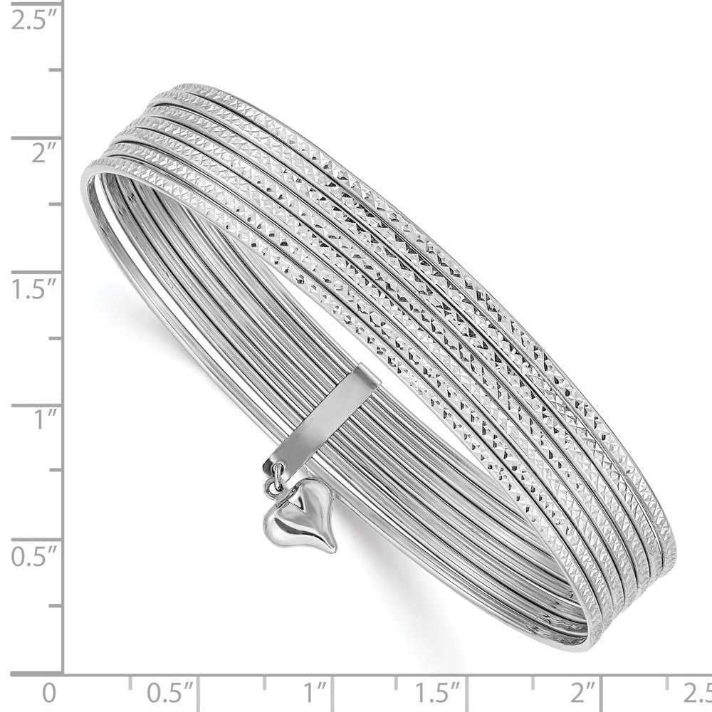 14K White Gold Polished and Textured with Dangle Heart 7-Strand 11.00mm Slip-on Round Bangle Bracelet