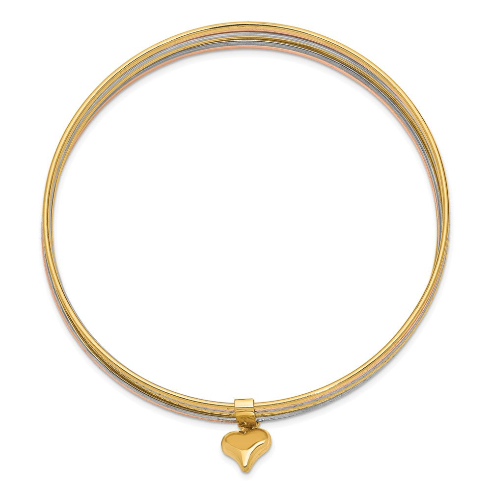 14K Tri-color Polished and Textured with Dangle Heart 7-Strand 11.00mm Slip-on Round Bangle Bracelet
