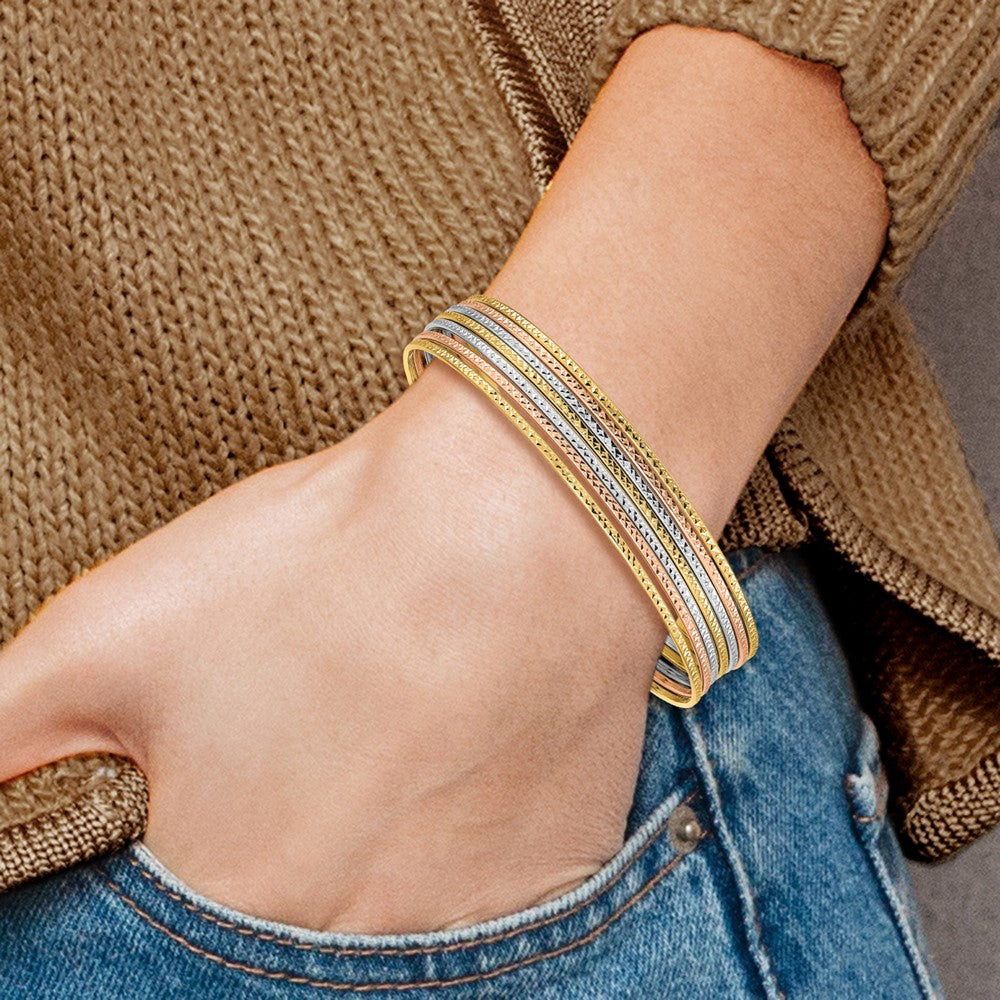 14K Tri-color Polished and Textured with Dangle Heart 7-Strand 11.00mm Slip-on Round Bangle Bracelet