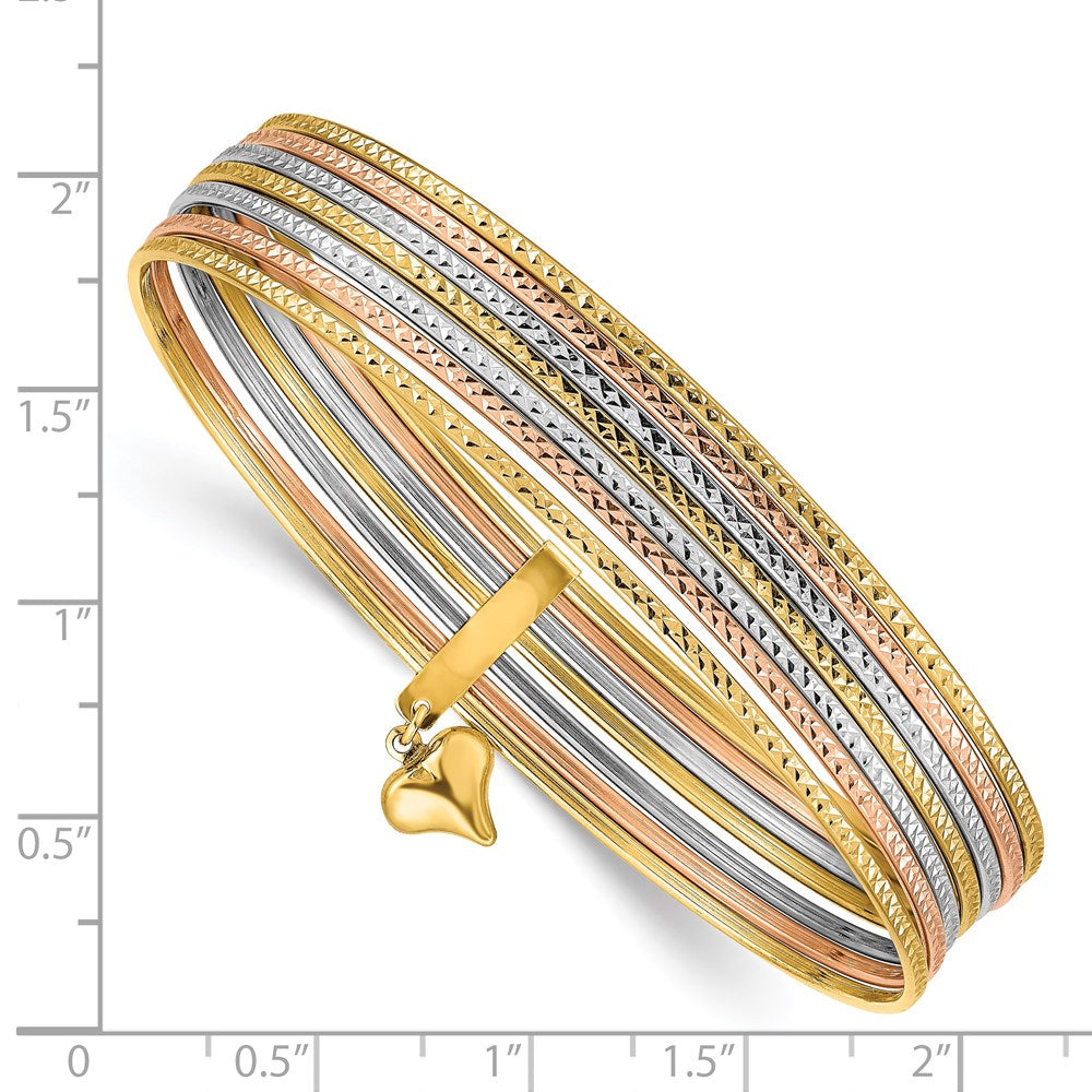 14K Oversize Tri-color Polished and Textured with Dangle Heart 7-Strand 11.00mm Slip-on Round Bangle Bracelet