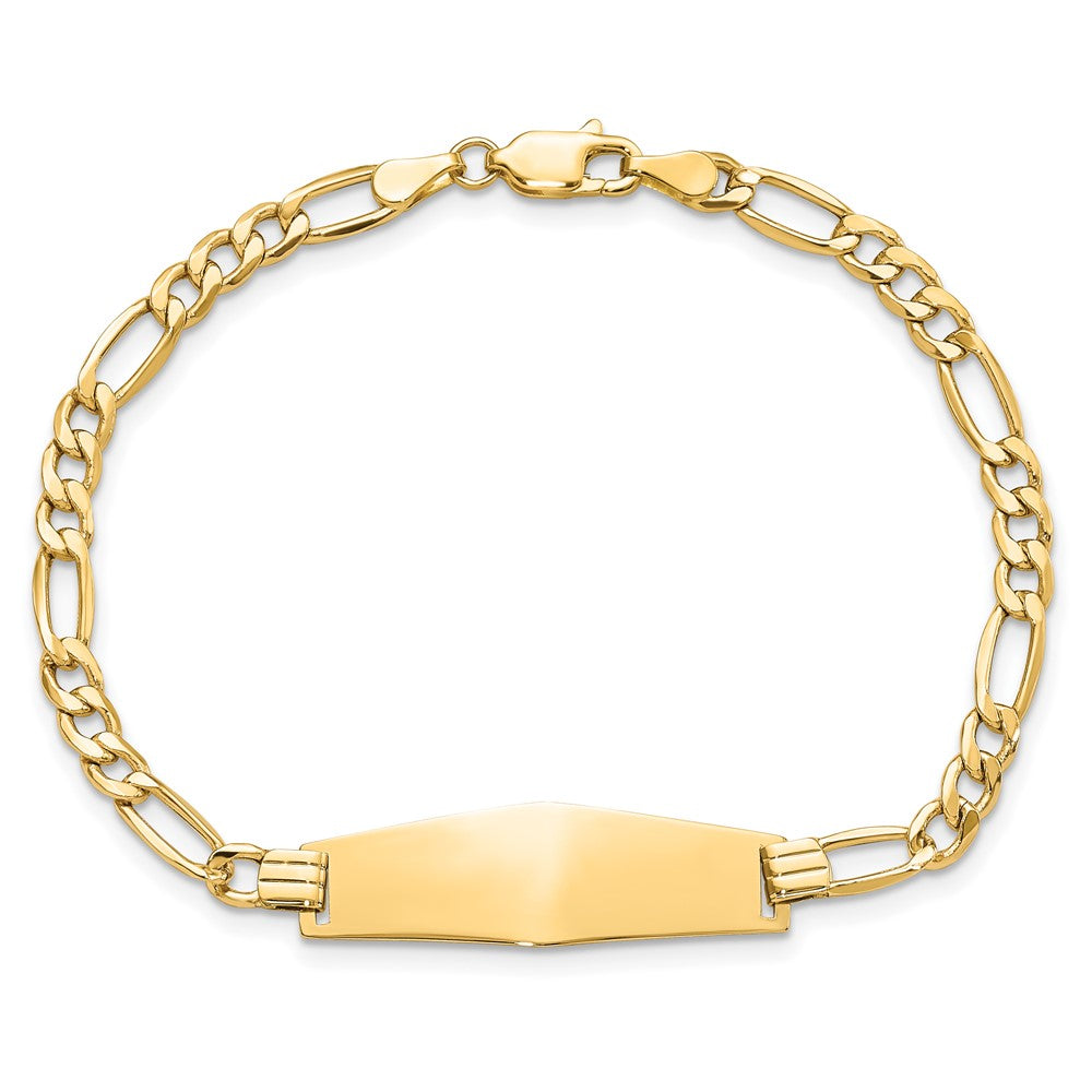 14k Polished Semi-solid Chain/Solid Plate Figaro Link Soft Diamond Shape 28x9.5mm Plate 7 inch ID Bracelet