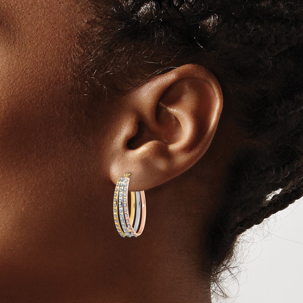 14k Tri-color Diamond Fascination Diamond Dust/Accent Oval 3-Hoop Earrings
