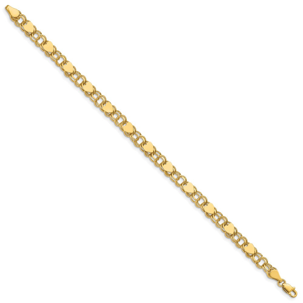 14k 6mm Solid Double Link with Hearts 7 inch Charm Bracelet