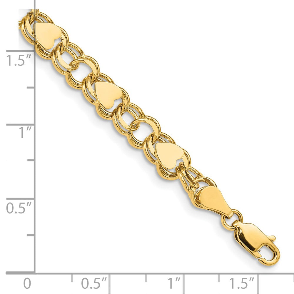 14k 7mm Solid Double Link with Hearts 7 inch Charm Bracelet