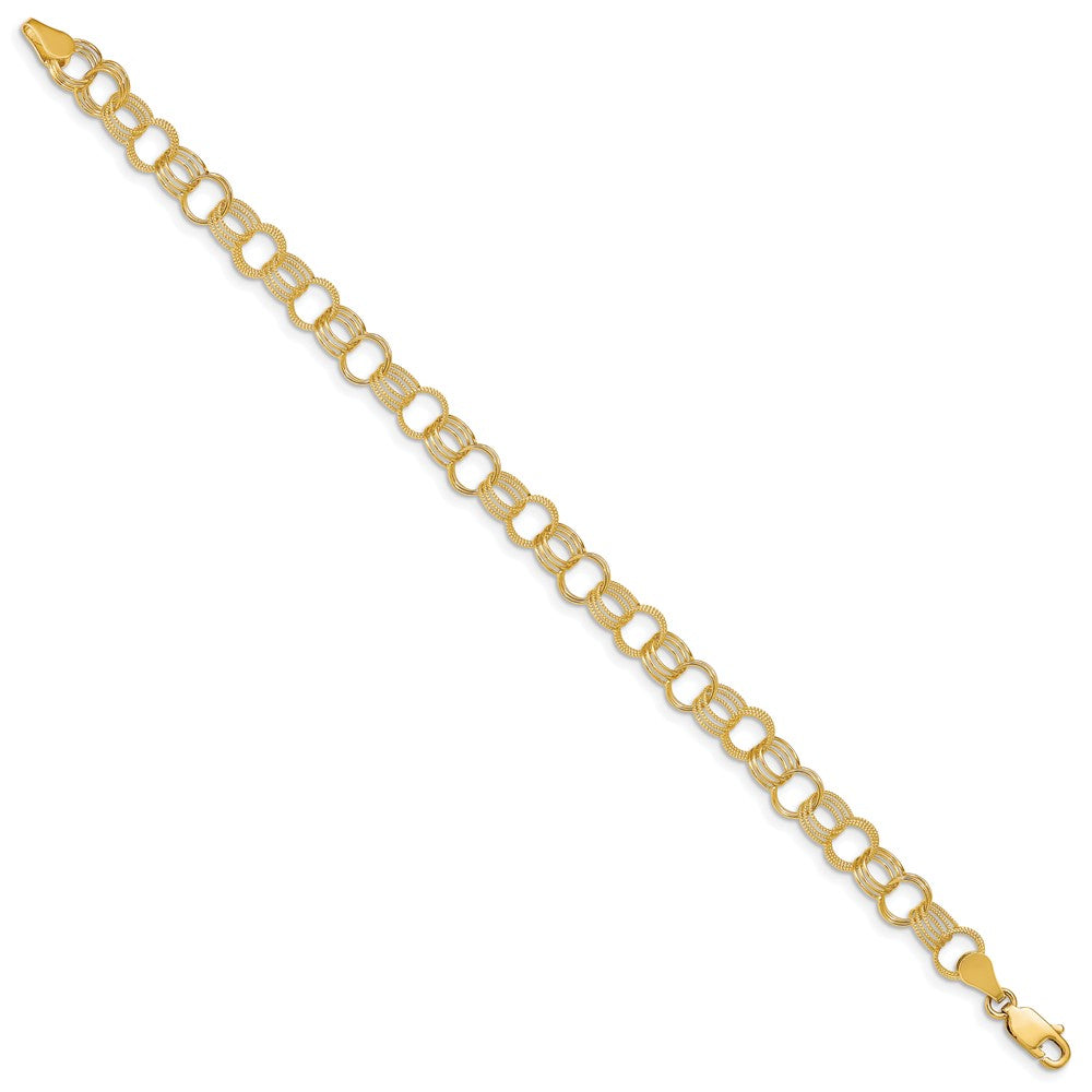 14k 7.5mm Solid Polished and Textured Triple Link 8 inch Charm Bracelet