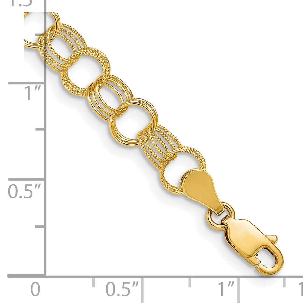 14k 7.5mm Solid Polished and Textured Triple Link 7 inch Charm Bracelet
