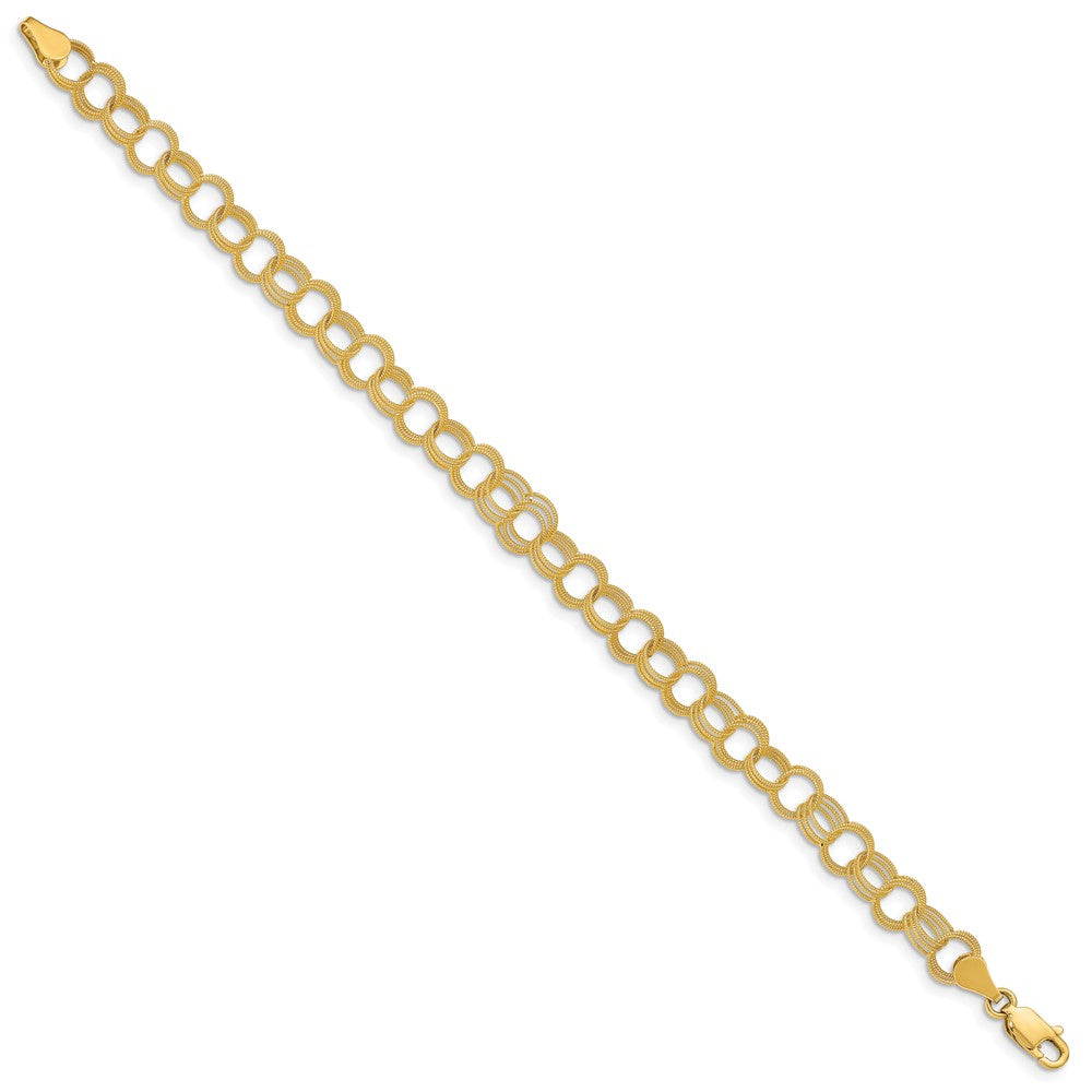 14k 6mm Solid Textured Triple Link 7 inch Charm Bracelet