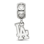 Sterling Silver Rh-plated LogoArt Los Angeles Dodgers LA on Heart Bead