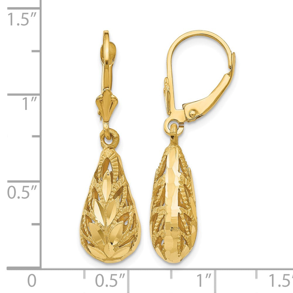 14k Polished Diamond-Cut Teardrop Dangle Leverback Earrings