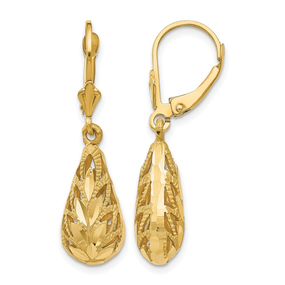 14k Polished Diamond-Cut Teardrop Dangle Leverback Earrings