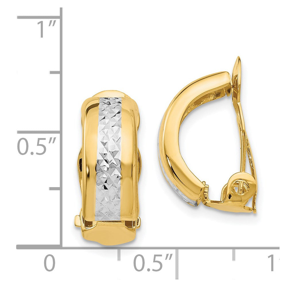 14k and White Rhodium 6x17mm Diamond-cut Half Hoop Omega Back Non-pierced Earrings