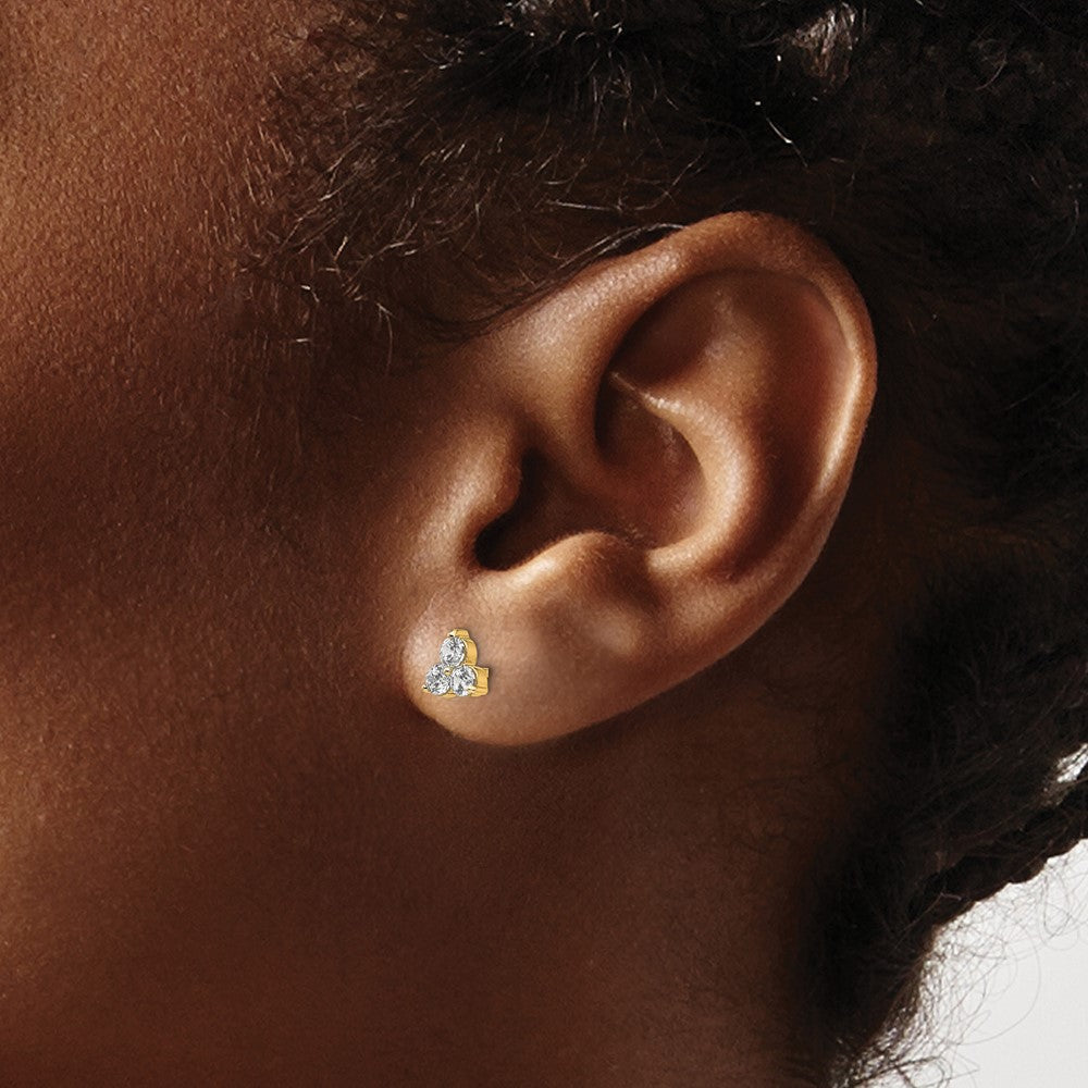 True Origin 14K Yellow Gold 1/2 carat Lab Grown Diamond VS+ F+ Complete Three Stone Post Stud Earrings