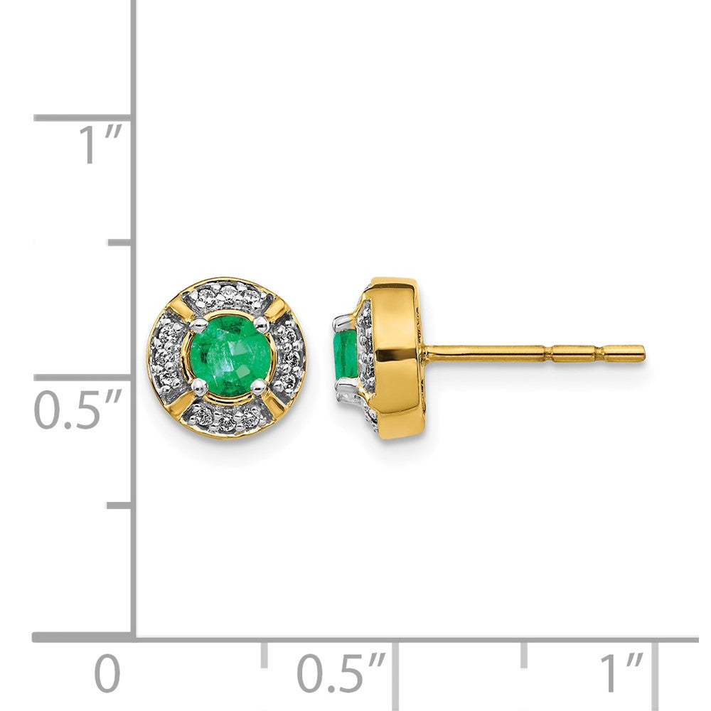 14k 4.1mm Round Emerald and Diamond Halo Post Earrings
