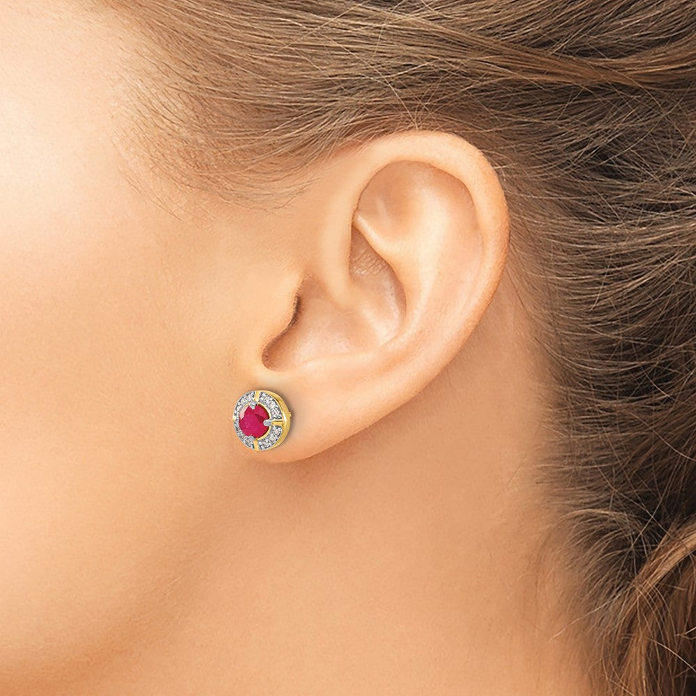 14k 5.2mm Round Ruby and Diamond Halo Post Earrings