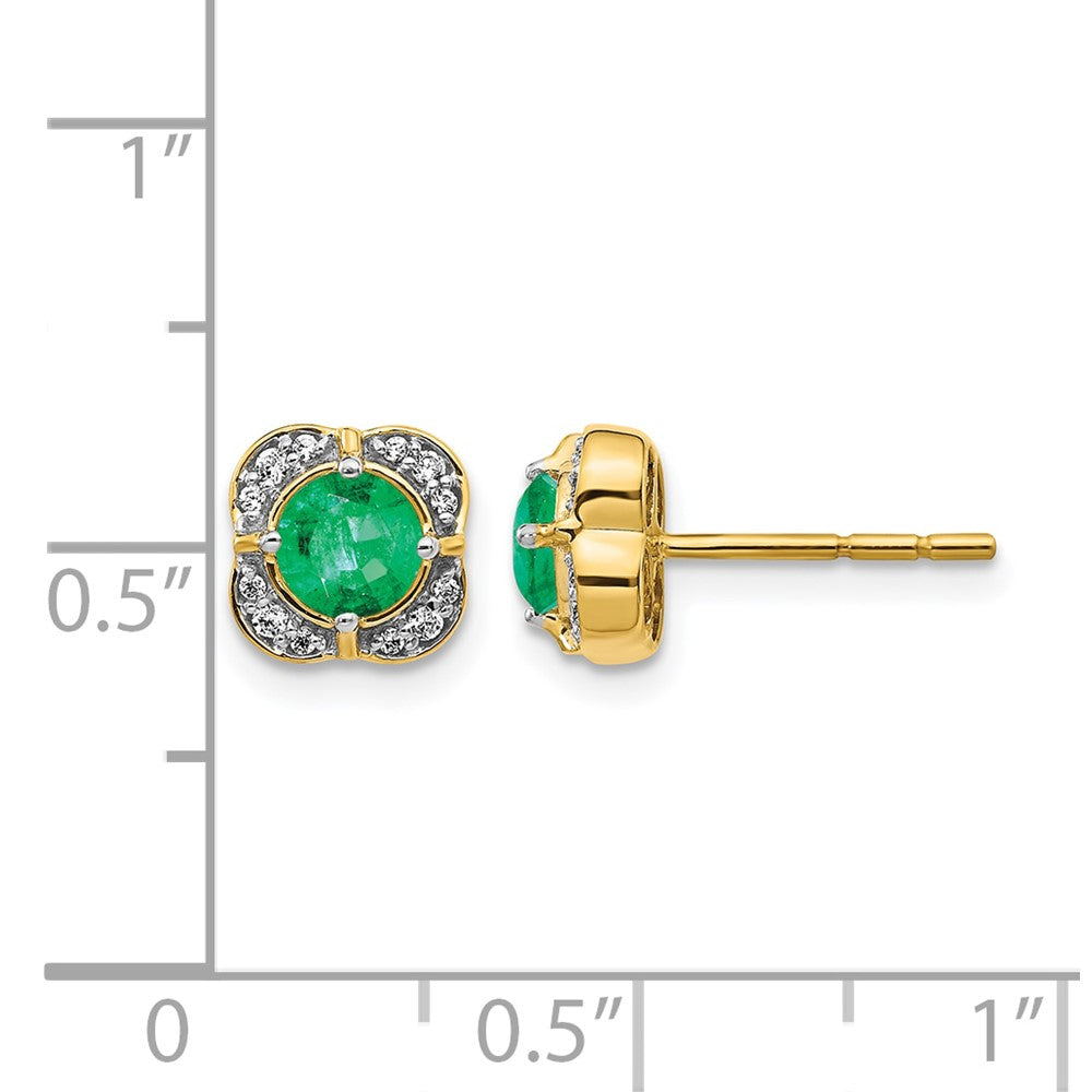 14k 4.5mm Round Emerald and Diamond Fancy Square Post Earrings