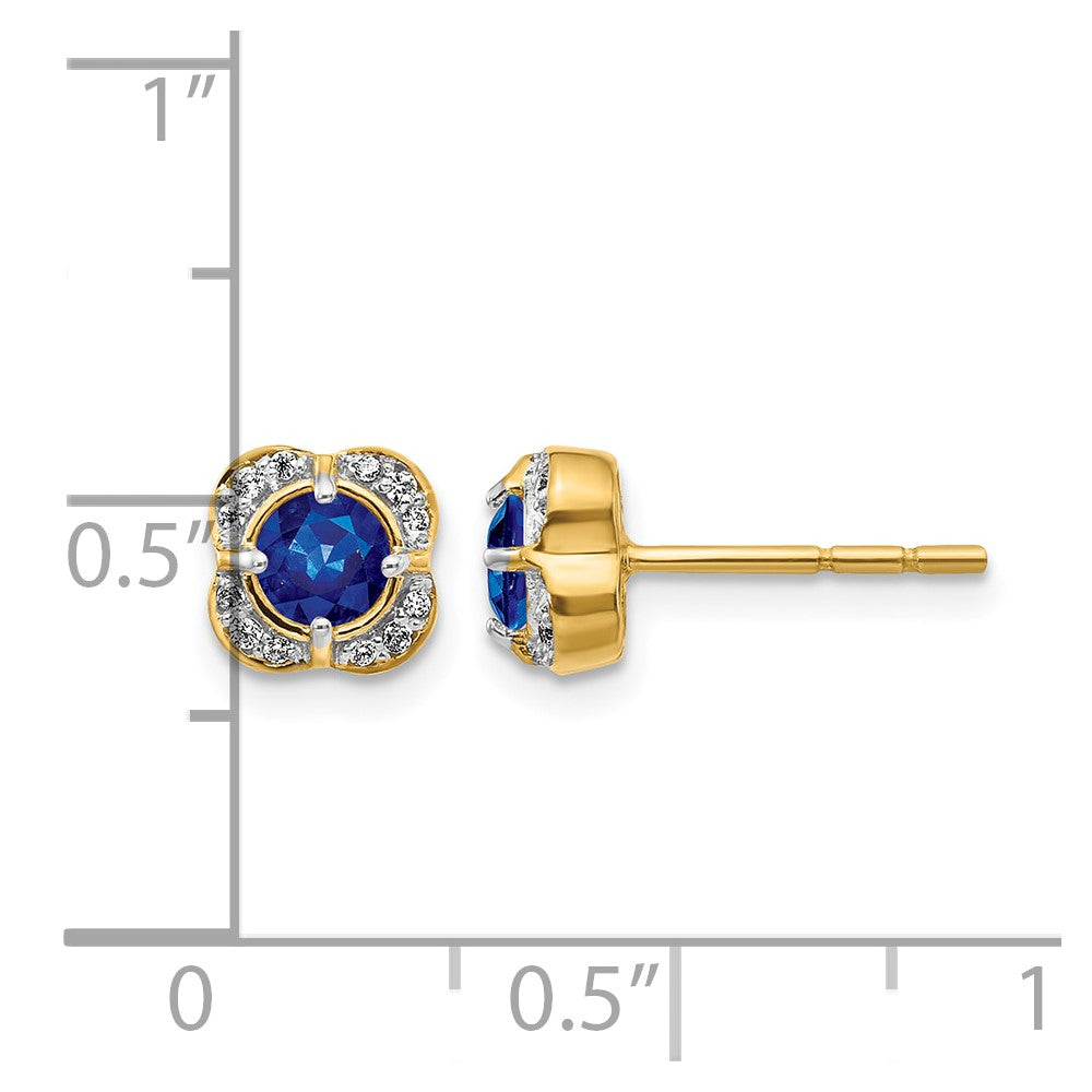14k 4.1mm Round Sapphire and Diamond Fancy Square Post Earrings