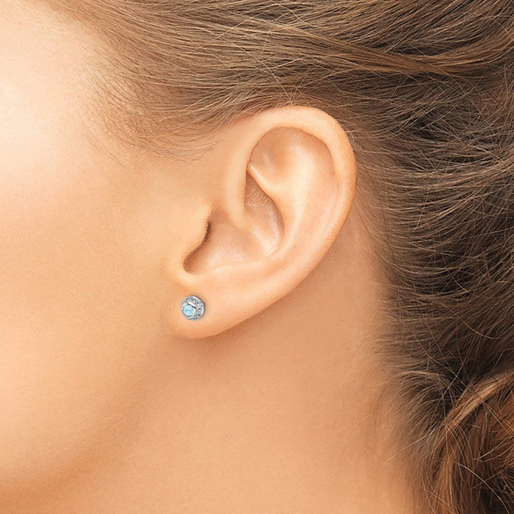 14k White Gold 2.5mm Round Aquamarine Cabochon and Diamond Halo Post Earrings