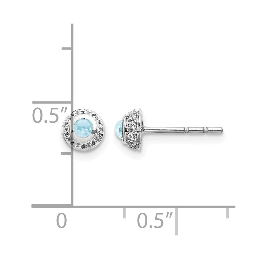 14k White Gold 2.5mm Round Aquamarine Cabochon and Diamond Halo Post Earrings