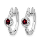 14k White Gold 2.7mm Round Garnet Cabochon and .20 carat Diamond Hinged Hoop Earrings