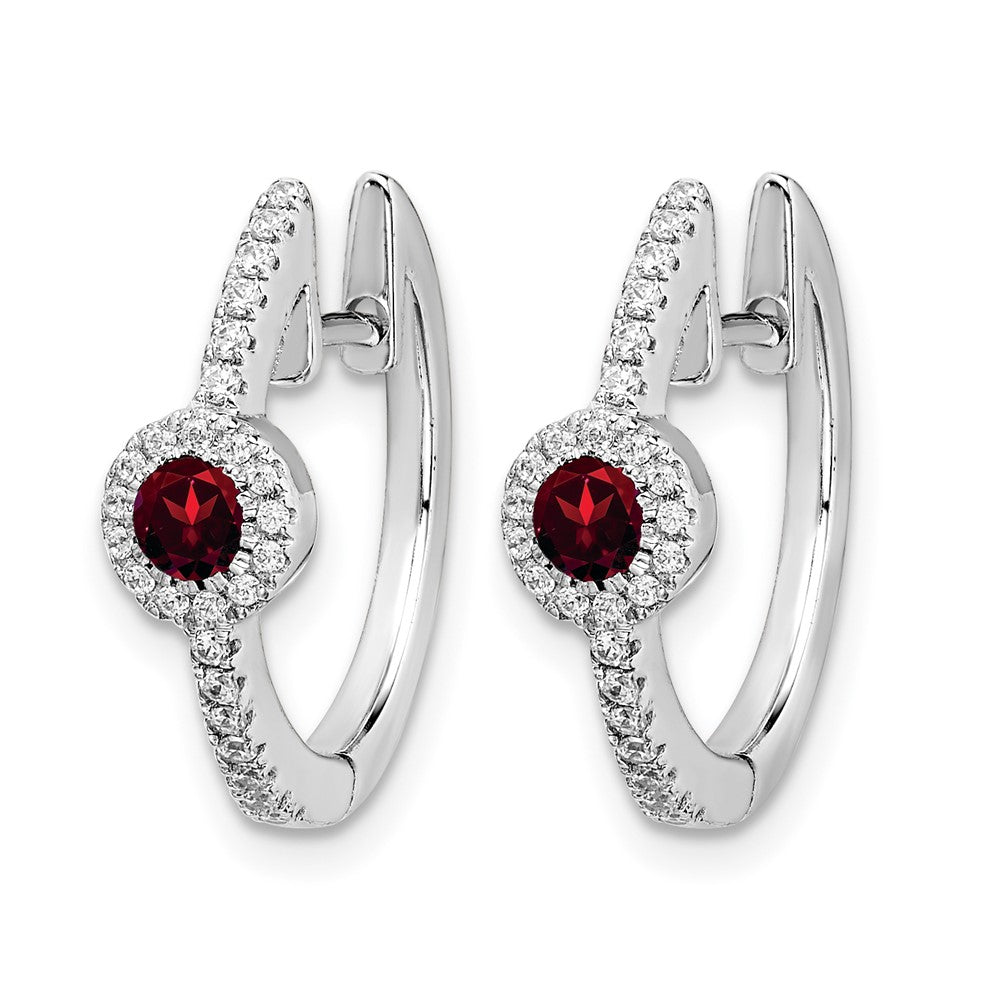 14k White Gold 2.7mm Round Garnet Cabochon and .20 carat Diamond Hinged Hoop Earrings