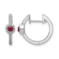 14k White Gold 2.7mm Round Garnet Cabochon and .20 carat Diamond Hinged Hoop Earrings