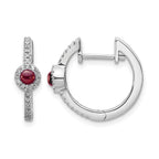 14k White Gold 2.7mm Round Garnet Cabochon and .20 carat Diamond Hinged Hoop Earrings