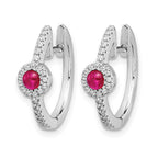 14k White Gold 2.7mm Round Ruby Cabochon and Diamond Hinged Hoop Earrings