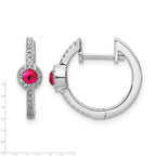 14k White Gold 2.7mm Round Ruby Cabochon and Diamond Hinged Hoop Earrings