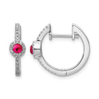 14k White Gold 2.7mm Round Ruby Cabochon and Diamond Hinged Hoop Earrings