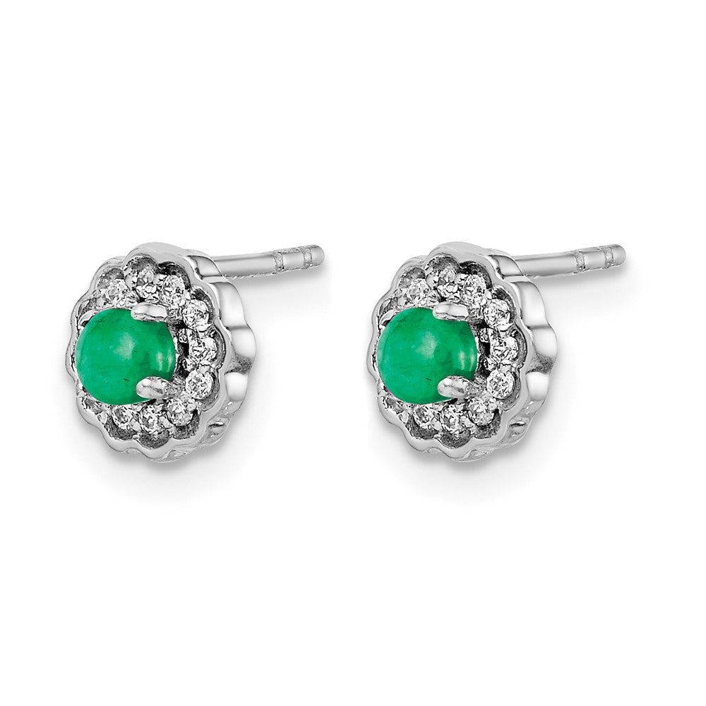 14k White Gold 3mm Round Emerald Cabochon and Diamond Halo Post Earrings