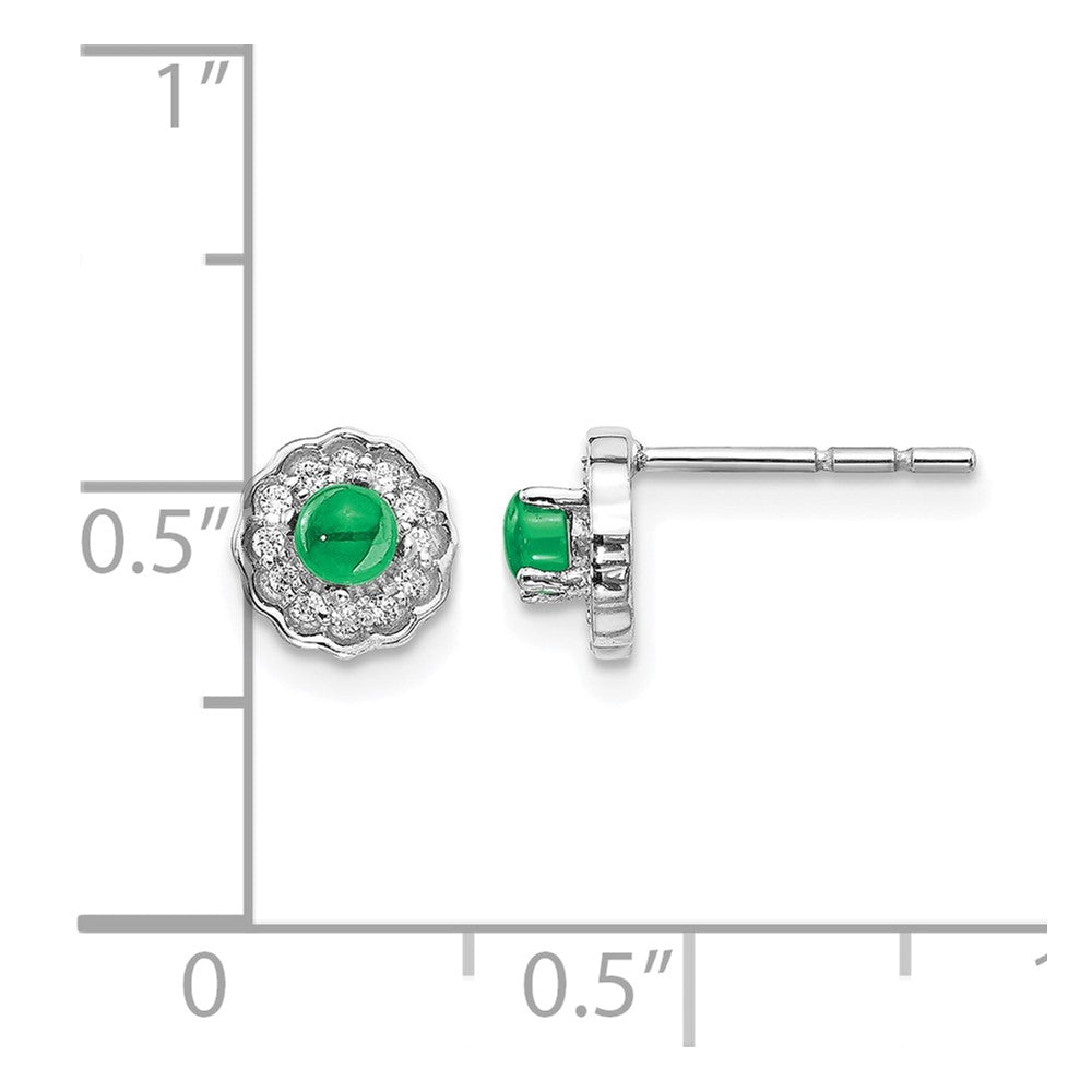 14k White Gold 3mm Round Emerald Cabochon and Diamond Halo Post Earrings