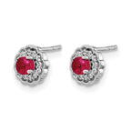 14k White Gold 3mm Round Ruby Cabochon and Diamond Halo Post Earrings