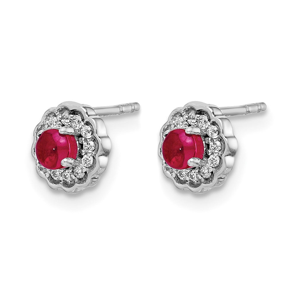14k White Gold 3mm Round Ruby Cabochon and Diamond Halo Post Earrings