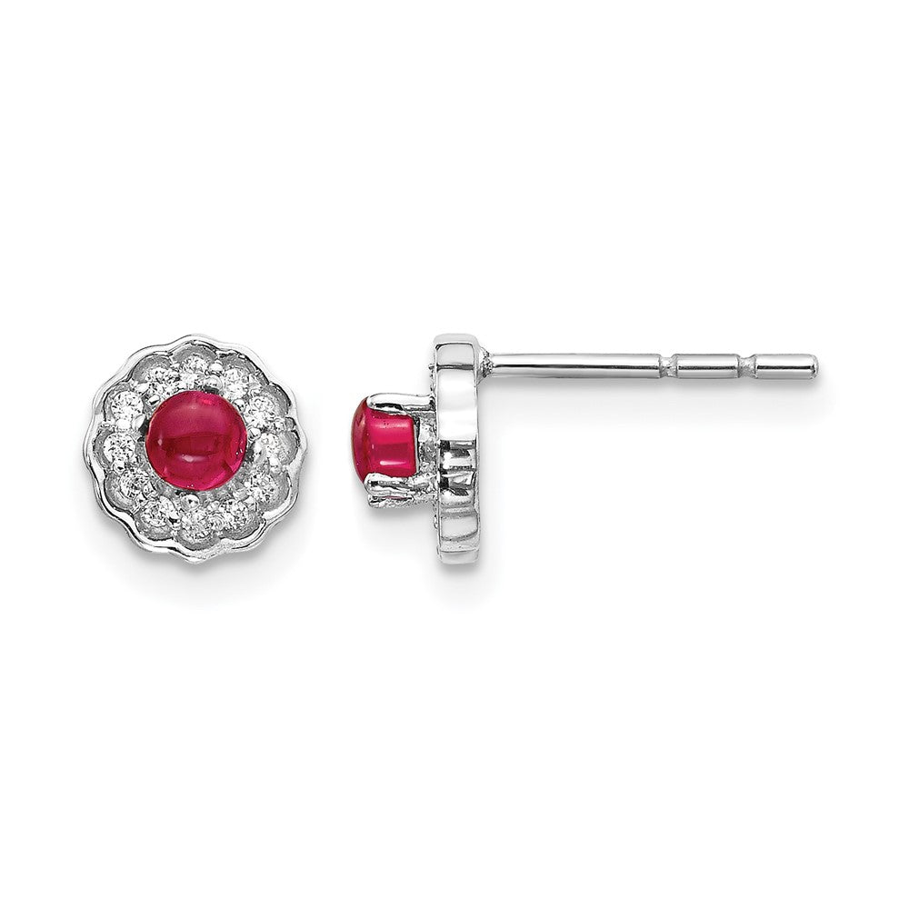 14k White Gold 3mm Round Ruby Cabochon and Diamond Halo Post Earrings