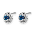 14k White Gold 3mm Round Sapphire Cabochon and Diamond Halo Post Earrings
