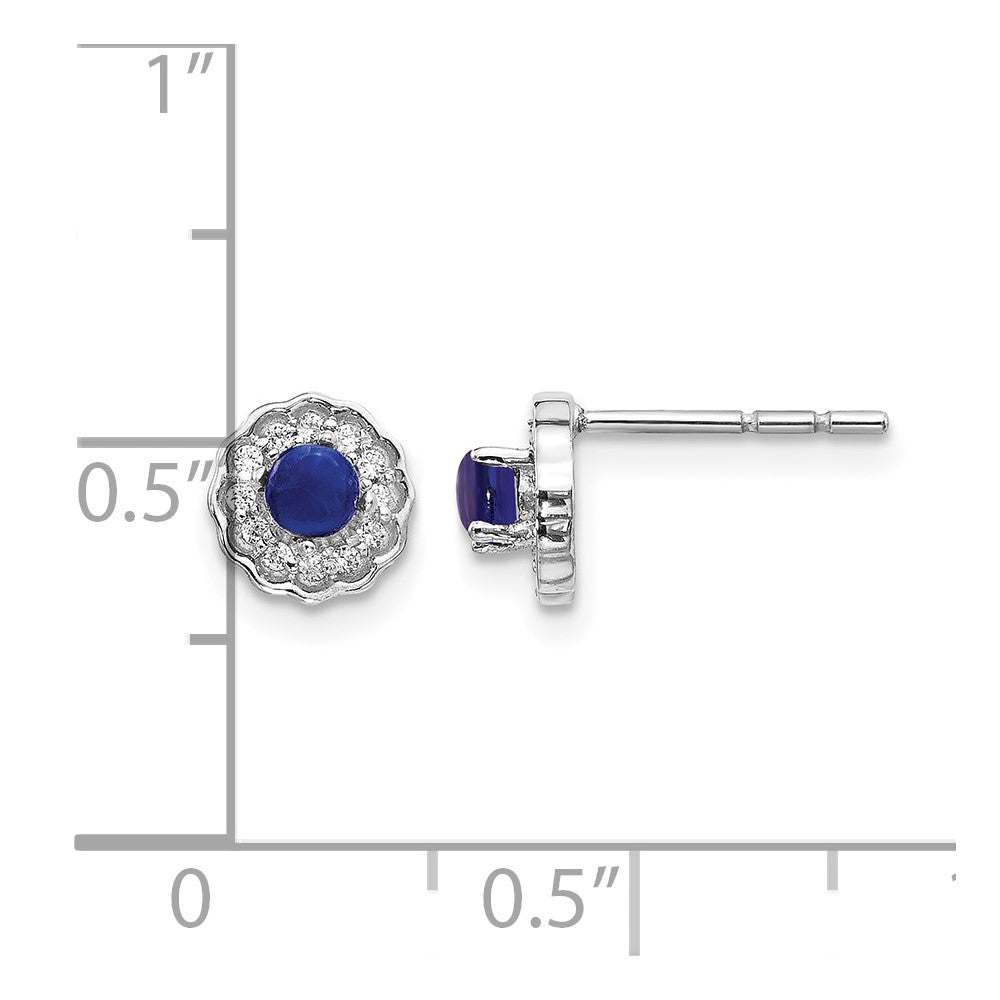 14k White Gold 3mm Round Sapphire Cabochon and Diamond Halo Post Earrings